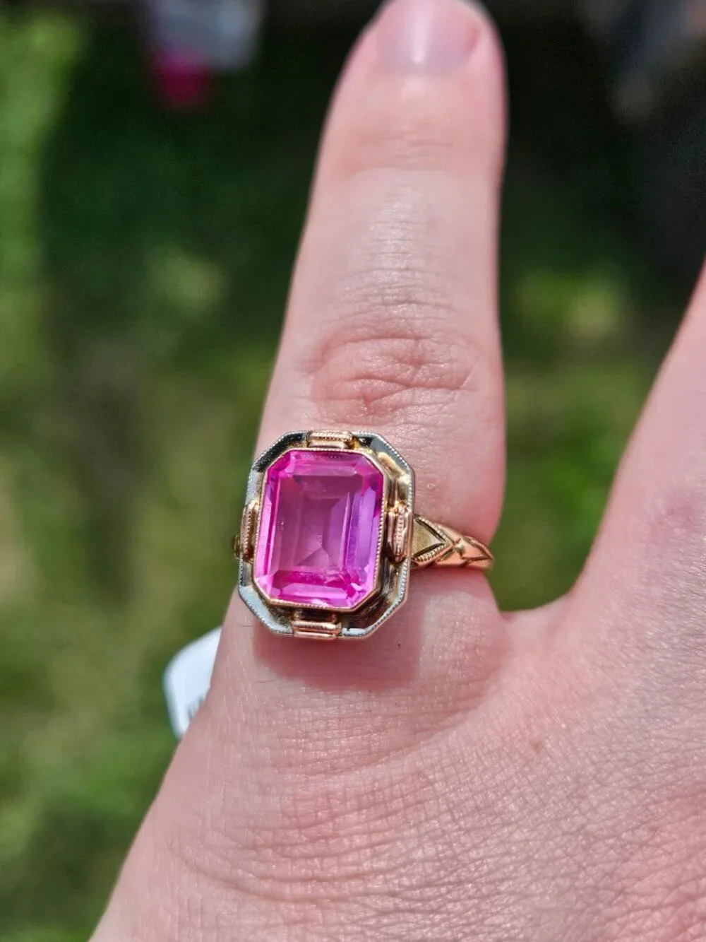 Vintage 10K Yellow Gold Pink Ice Topaz Emerald Cut Cocktail Ring Size 5.75